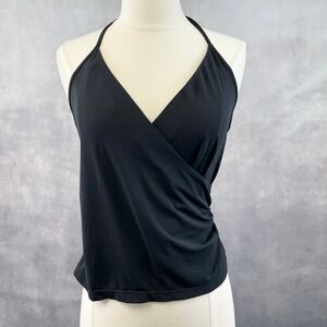 VTG Y2K Halter Top Women Petite Small Black Wrap Front Minimal Going Out Sleek